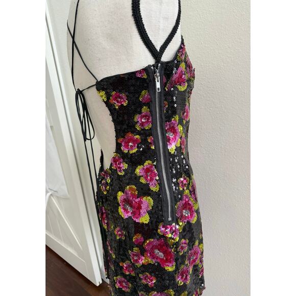 For Love & Lemons NWT Black Pink Sequin San Junipero Floral Mini Dress Medium - Picture 6 of 15